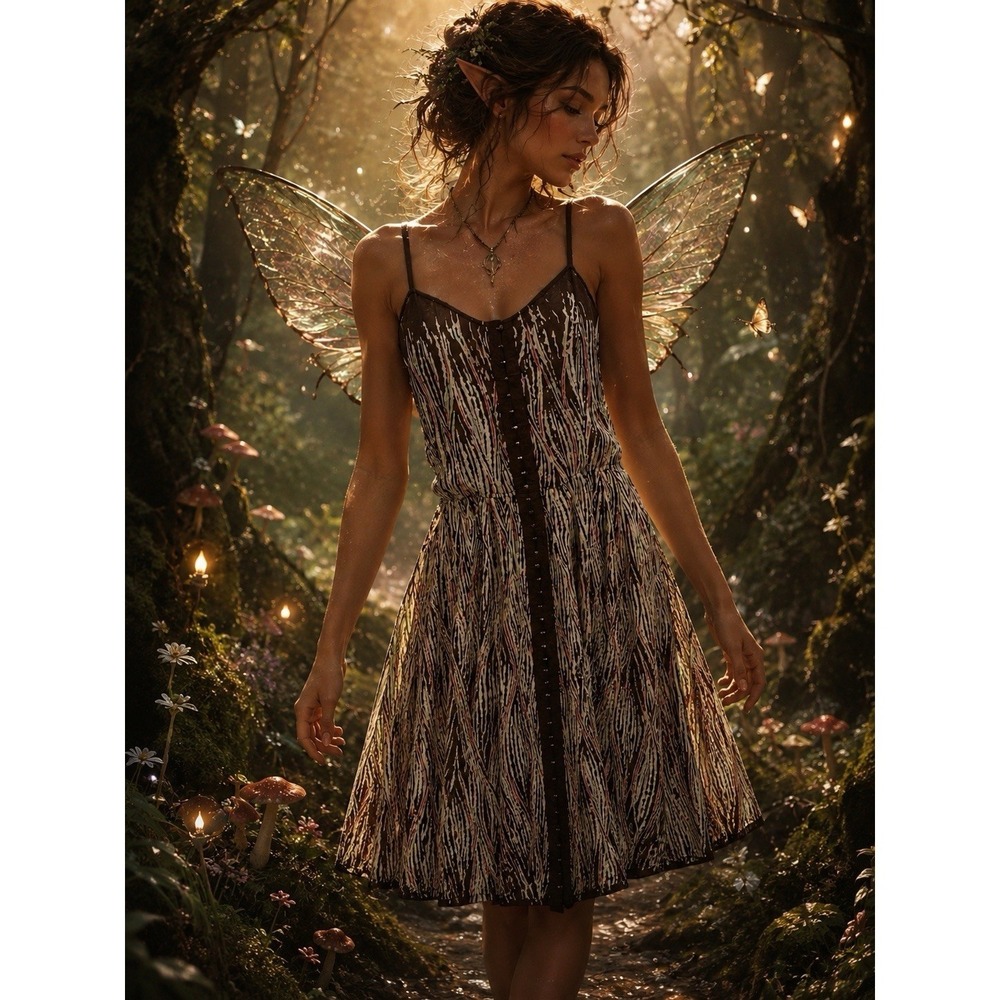 Free People Whimsical Wood Brown Print Sundress Size 10 Cotton Dress Fairy Core